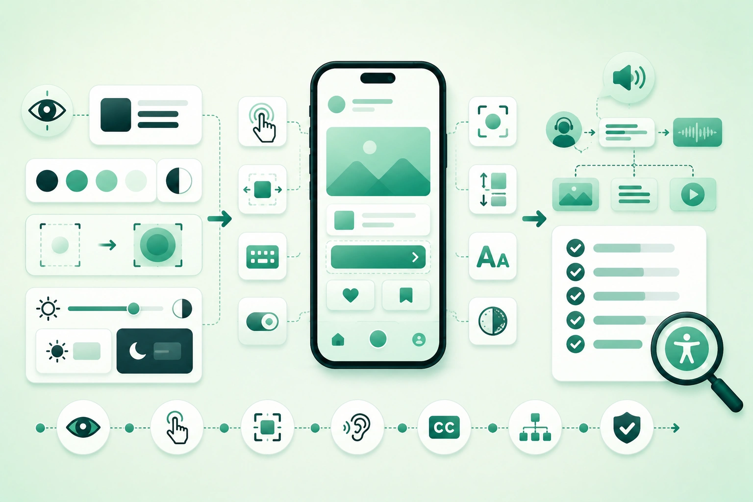 Diagram-style illustration of mobile app accessibility showing semantic UI controls, VoiceOver and TalkBack, logical focus order, large touch targets, text scaling, sufficient contrast, reduced motion, alternative actions, accessible forms, and testing on Android and iOS