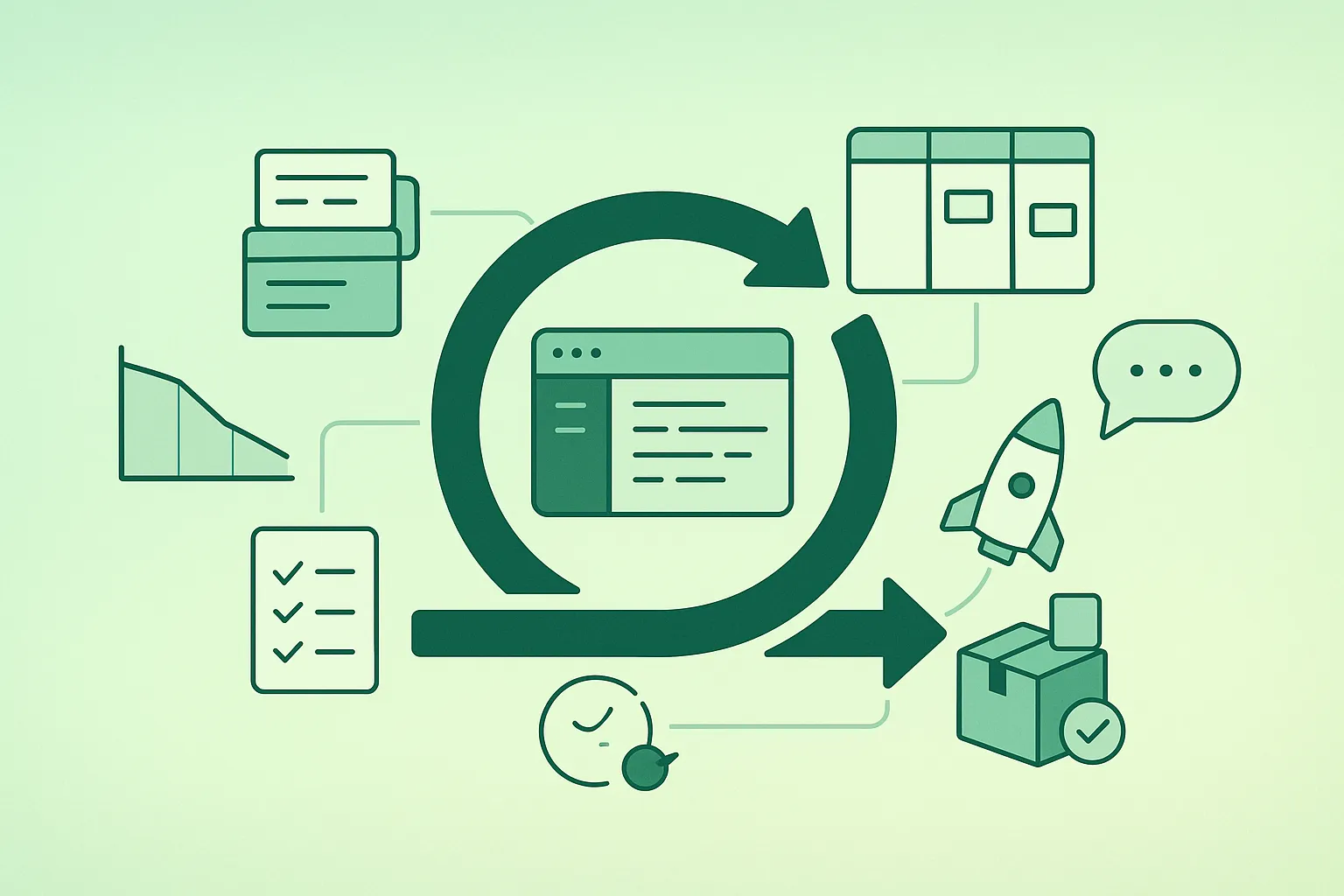 Diagram-style illustration of Agile workflow: backlog, sprint/flow, review, retrospective, and continuous improvement