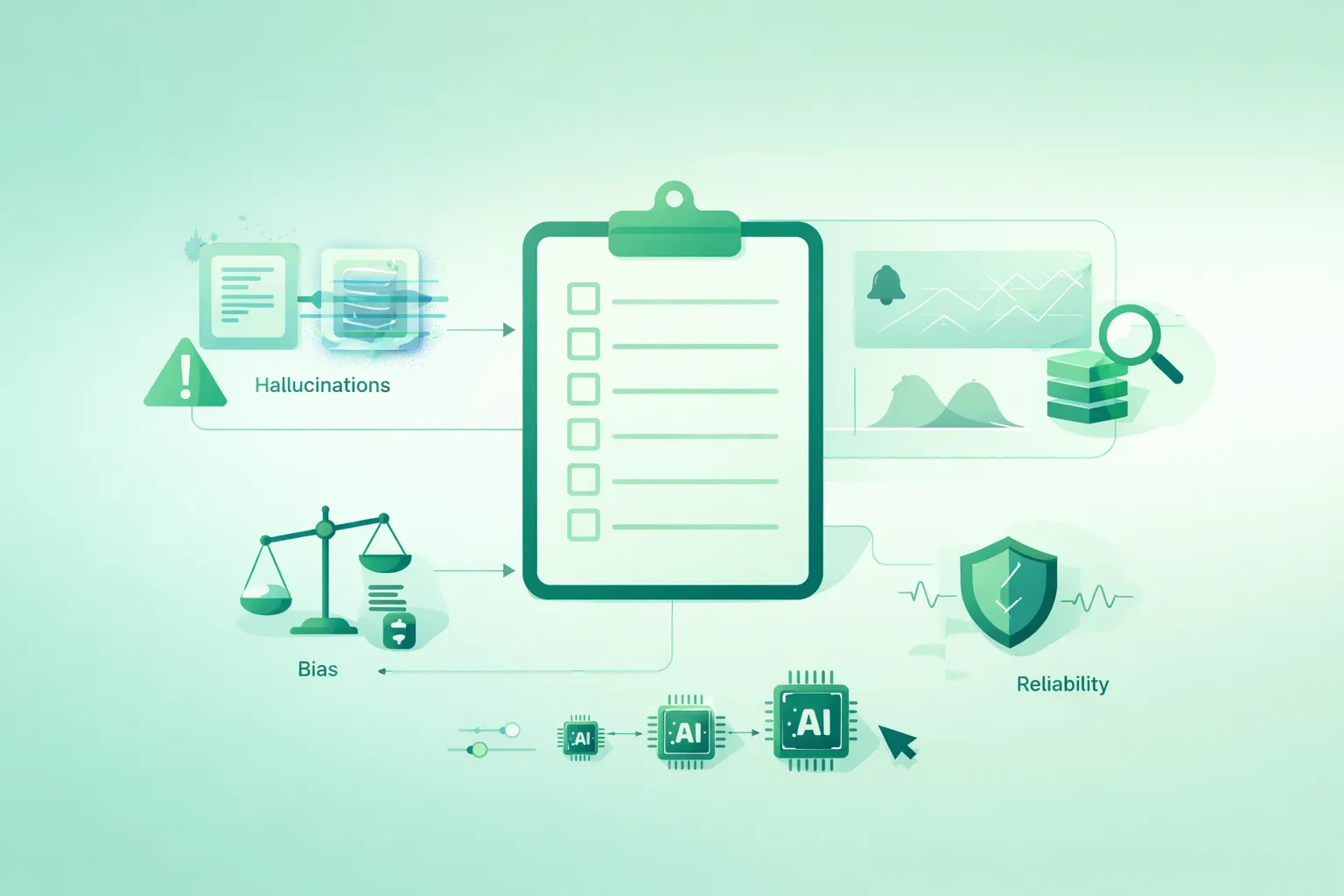 Checklist-style illustration showing AI failure modes (hallucinations, bias, reliability) and testing stages from offline evals to monitoring