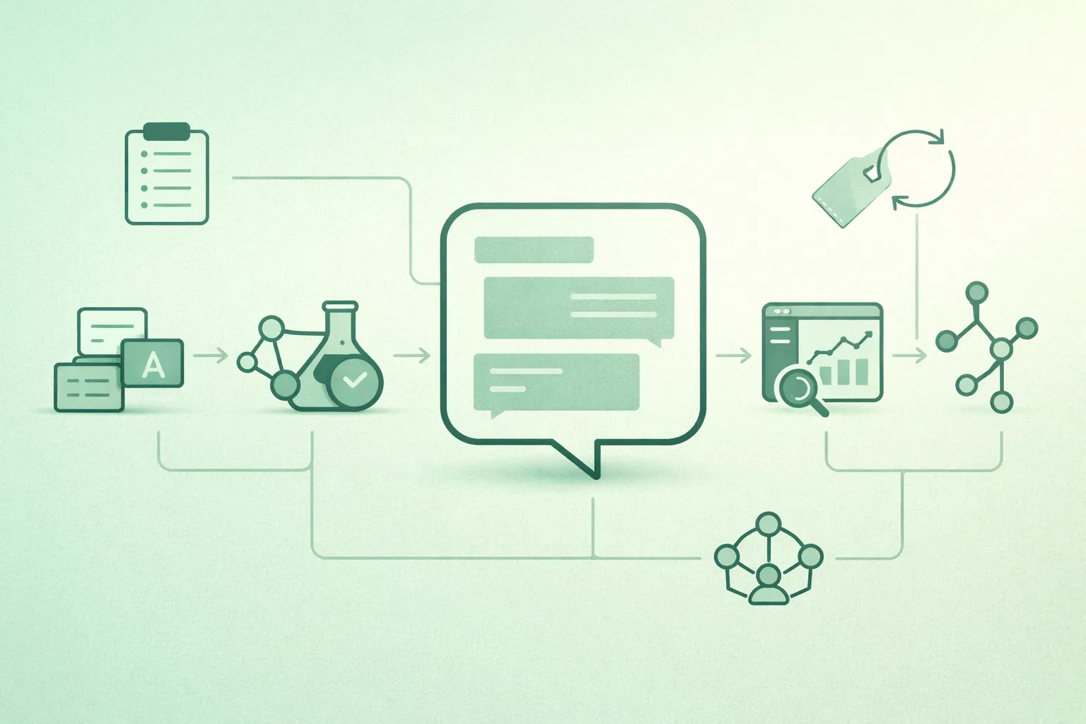Diagram-style illustration of a prompt evaluation loop: test set, scoring, A/B comparison, regression checks, and versioned prompt releases