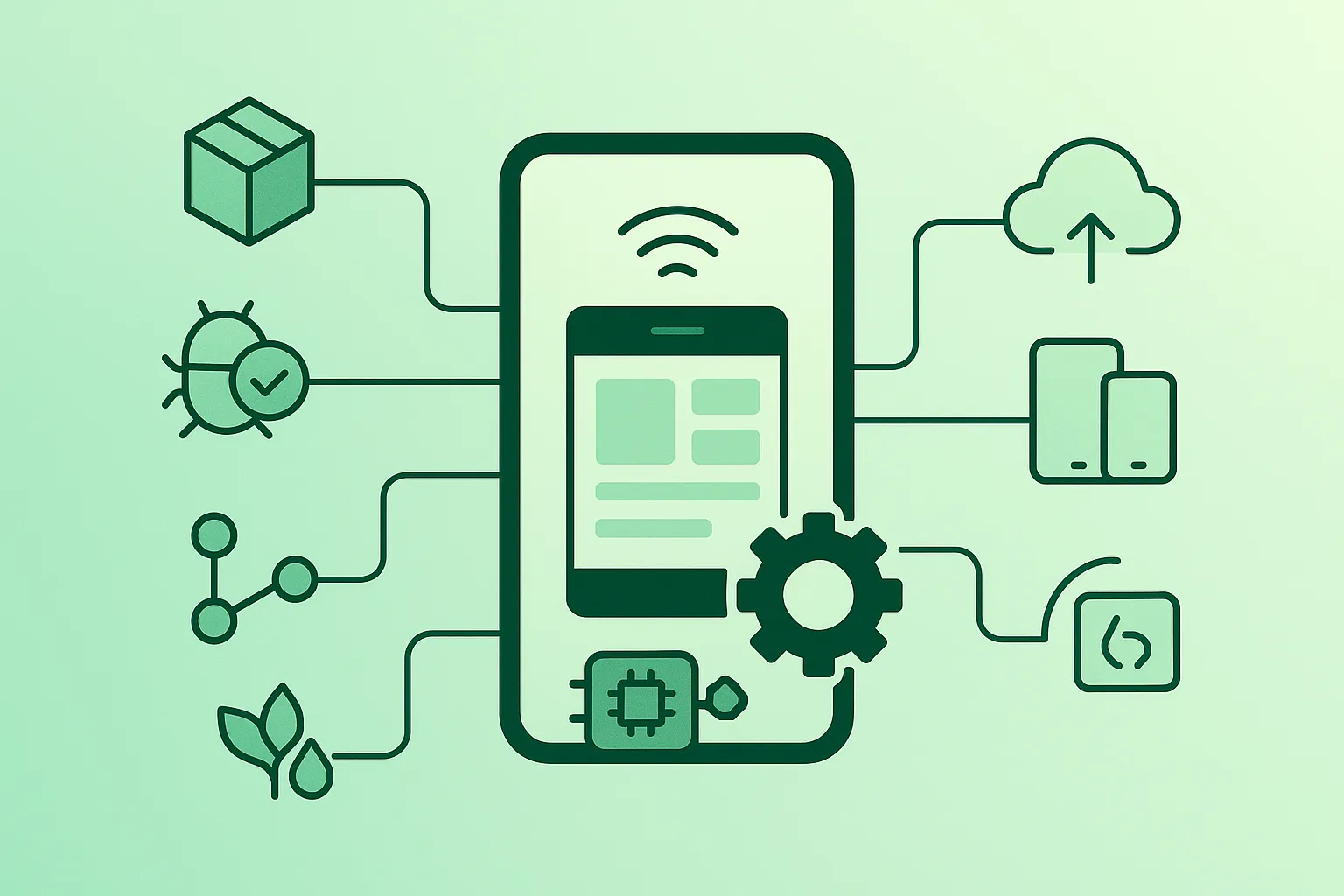 Diagram-style illustration of Android app development: Kotlin, Jetpack Compose UI, navigation, networking, storage, and testing