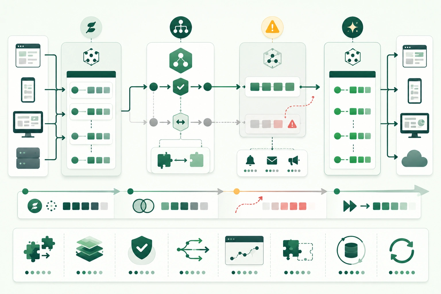 Diagram-style illustration of API evolution showing additive changes, compatibility boundaries, API versions, deprecation notices, migration windows, consumer upgrades, schema evolution, rollout, monitoring, and eventual retirement