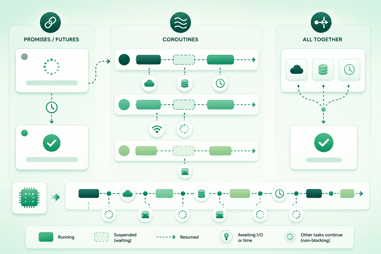Diagram-style illustration of asynchronous programming showing synchronous execution, event loops, schedulers, promises, futures, coroutines, async await, background I/O, task suspension, resumption, cancellation, timeouts, and error propagation