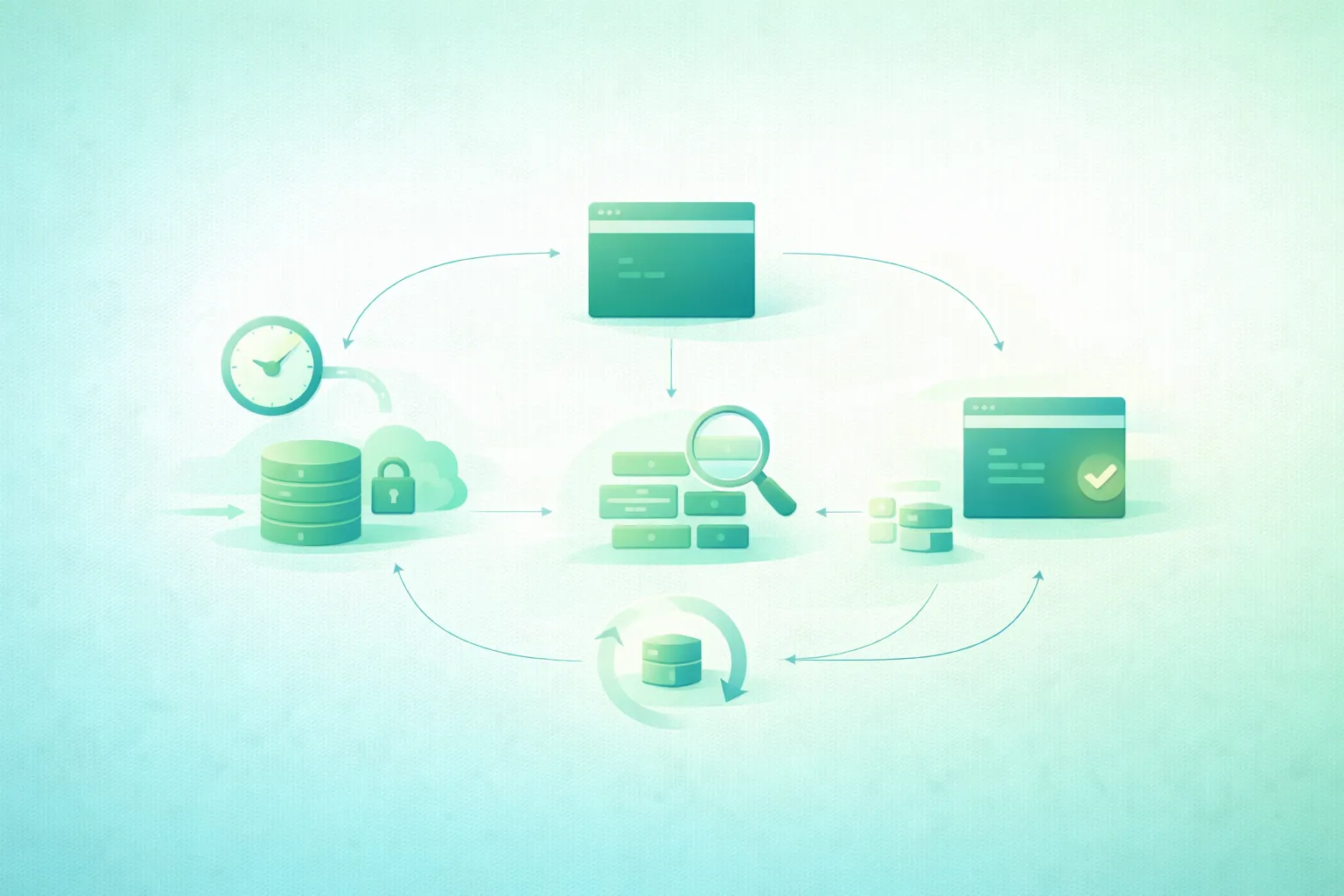 Diagram-style illustration of an automated Linux server backup system showing application files, configuration, database-consistent exports, backup scheduling, encrypted local and off-site repositories, retention, integrity verification, monitoring, restore testing, RPO and RTO measurement, and disaster recovery