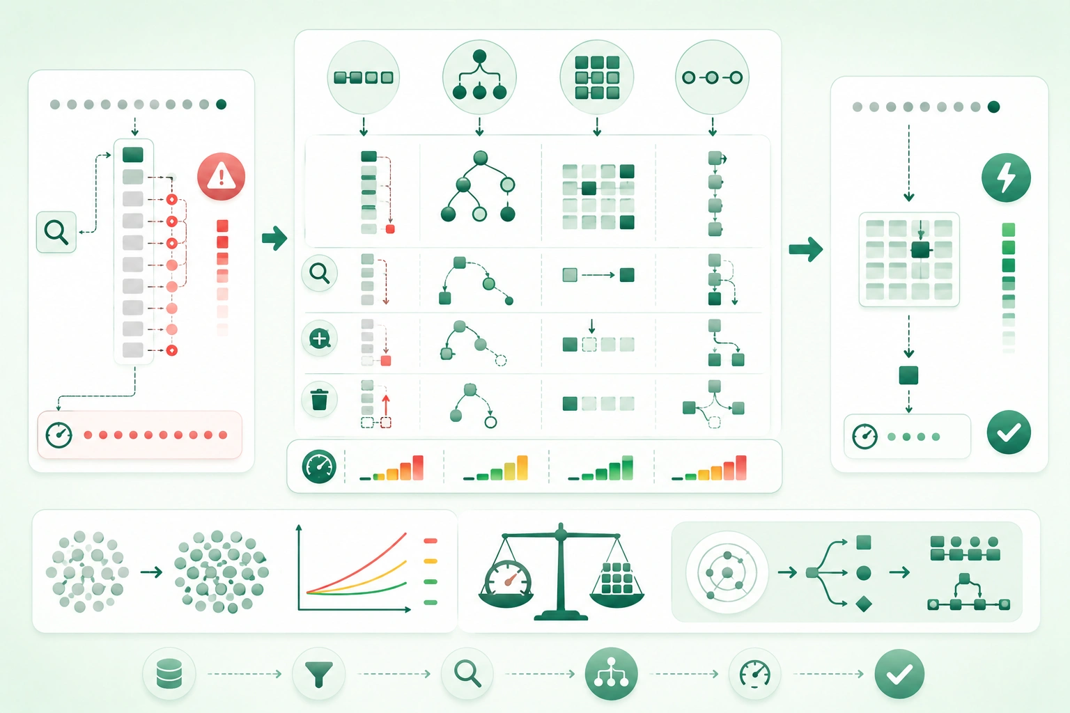 Diagram-style illustration of practical Big-O analysis comparing arrays, linked lists, hash maps, sets, stacks, queues, heaps, and trees by lookup, insertion, deletion, ordering, memory use, and growth as input size increases