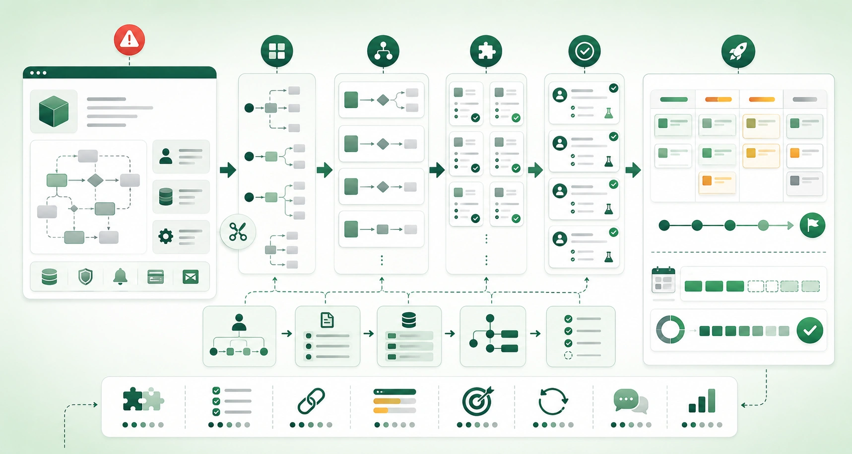 Diagram-style illustration of breaking a software feature into user stories showing user goals, workflow steps, vertical slices, acceptance criteria, dependencies, edge cases, prioritization, readiness, implementation, testing, and incremental delivery