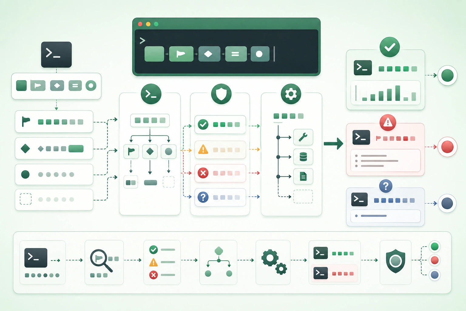 Diagram-style illustration of a command-line tool showing shell invocation, argument parsing, subcommands, flags, validation, application logic, stdout, stderr, exit codes, help text, configuration, and automation