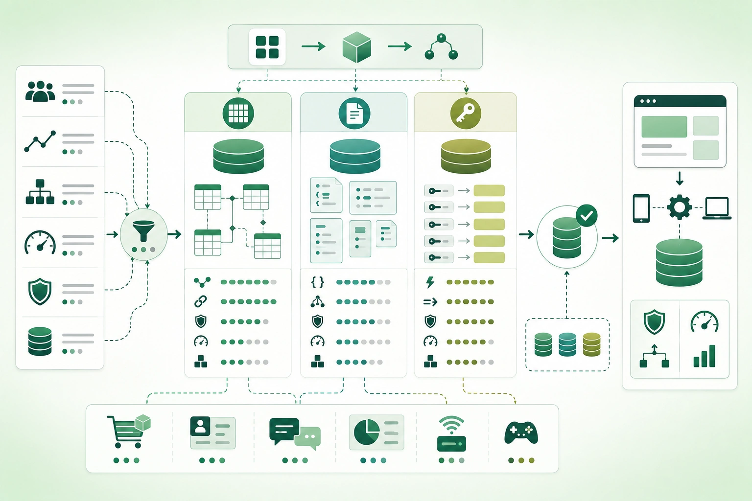Diagram-style illustration comparing relational, document, and key-value databases across structured relationships, flexible documents, simple key lookups, transactions, indexes, query patterns, scalability, and application use cases