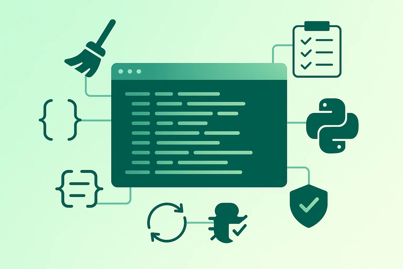 Diagram-style illustration of clean code practices: naming, small functions, tests, refactoring, and code review