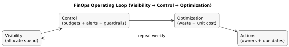 FinOps loop: visibility (allocation), control (budgets/guardrails), optimization (waste and unit cost), repeated continuously