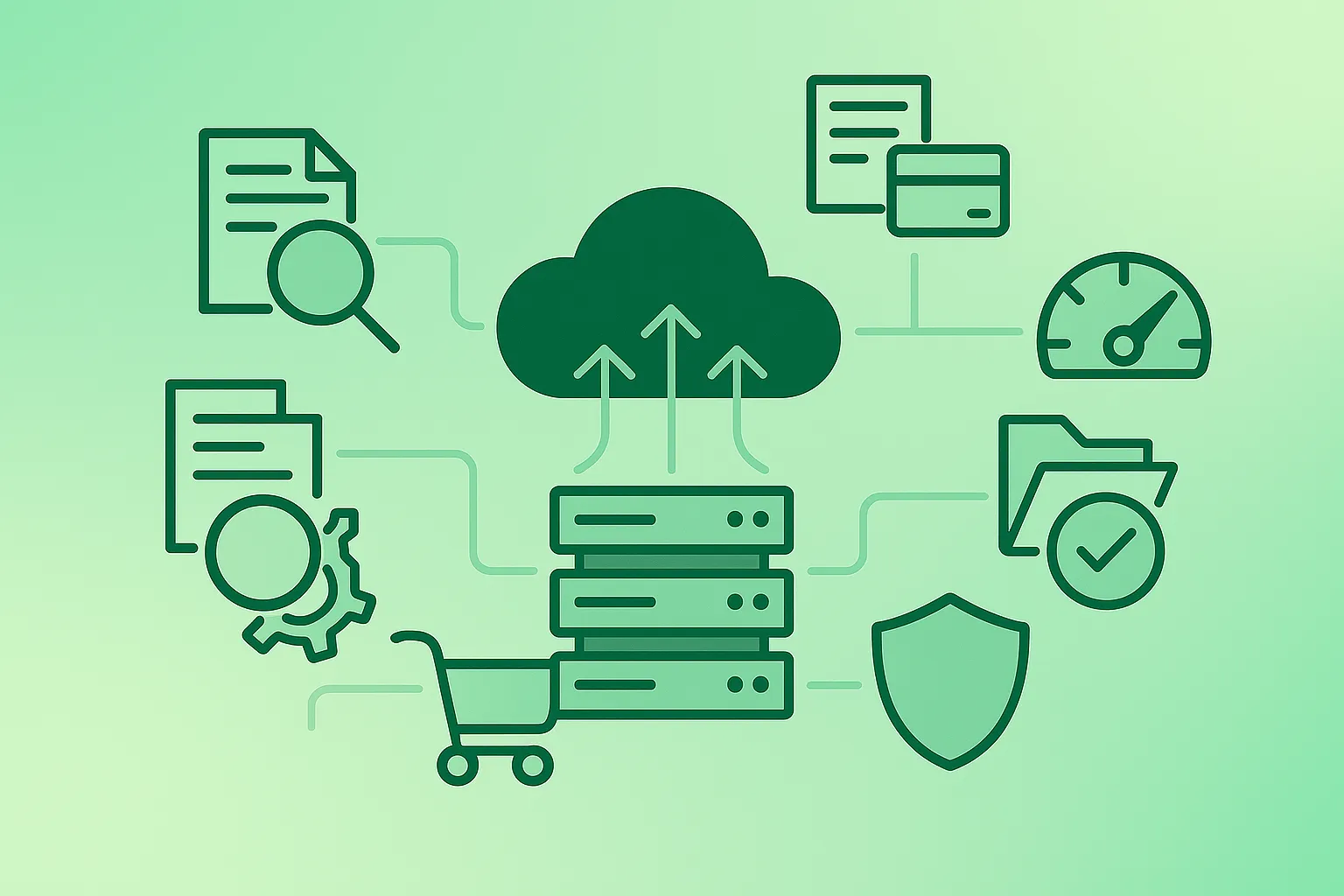 Diagram-style illustration of a cloud migration: discovery, landing zone, migration waves, and optimization