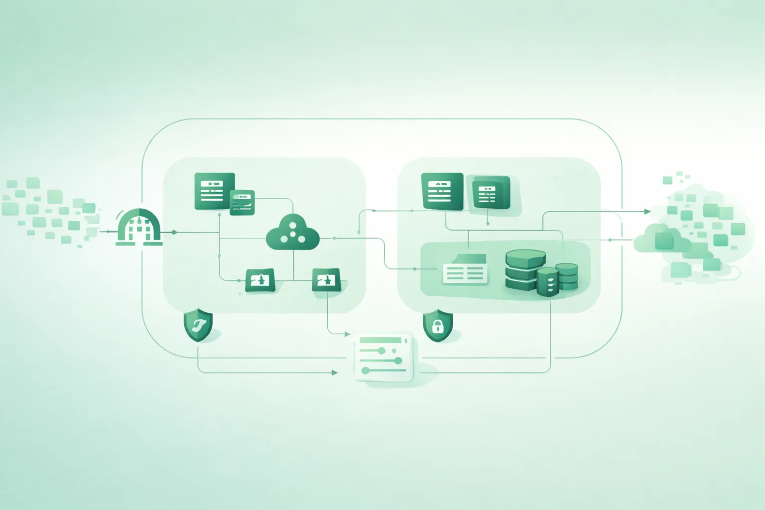 Diagram-style illustration of a cloud VPC with public and private subnets, route tables, NAT gateway, internet gateway, and firewall rules
