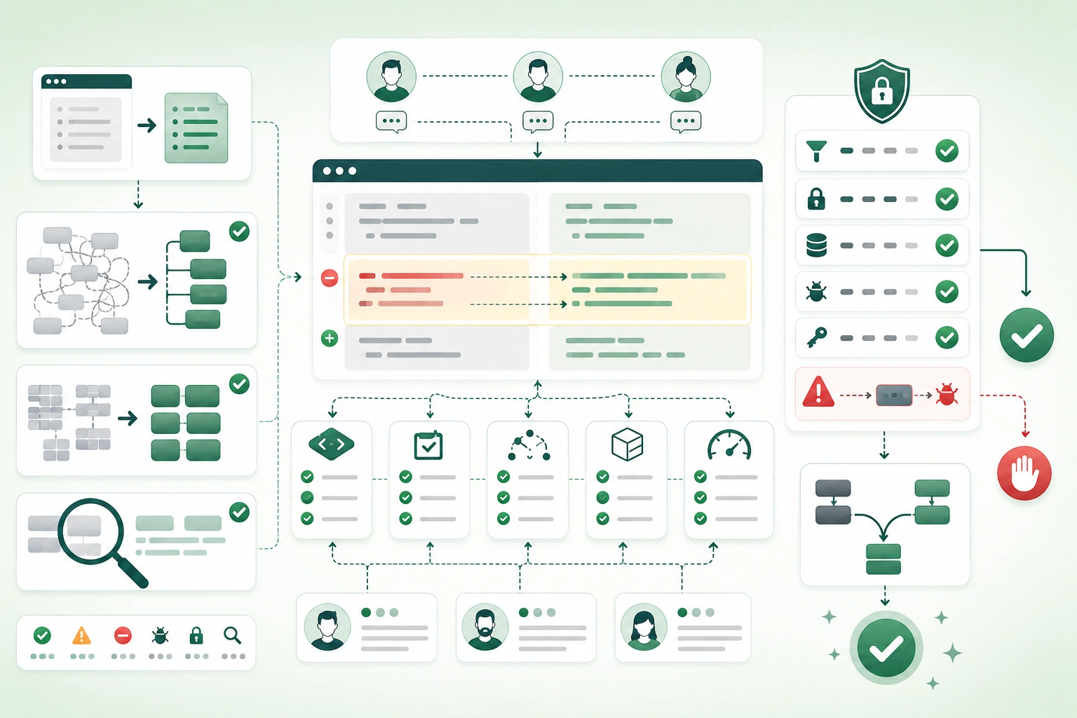 Diagram-style illustration of a small-team code review process showing pull request scope, correctness, tests, security checks, maintainability, performance, data migrations, observability, deployment safety, reviewer feedback, approval, and merge