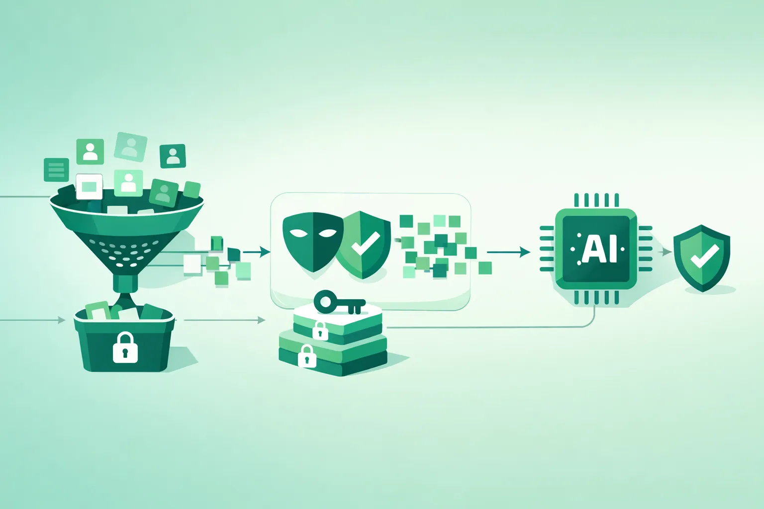 Diagram-style illustration showing data minimization, redaction/tokenization, encryption, access control, and monitoring to reduce PII exposure in AI projects