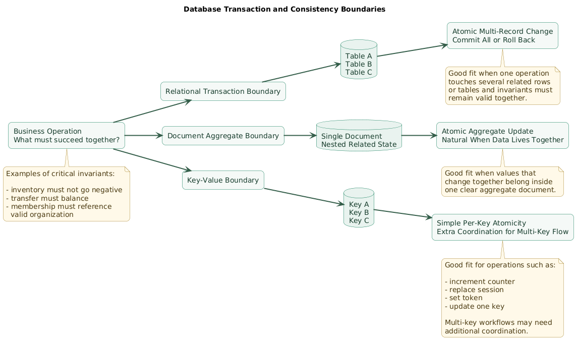 Database transaction and consistency boundary diagram comparing relational multi-table transactions, document aggregate atomic updates, and key-value per-key operations with application-level coordination for multi-record workflows