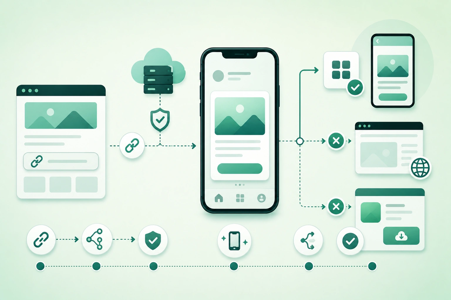 Diagram-style illustration of mobile deep linking showing a normal HTTPS link, verified website association, iOS Universal Links, Android App Links, app routing, installed-app handling, browser fallback, domain verification, and troubleshooting