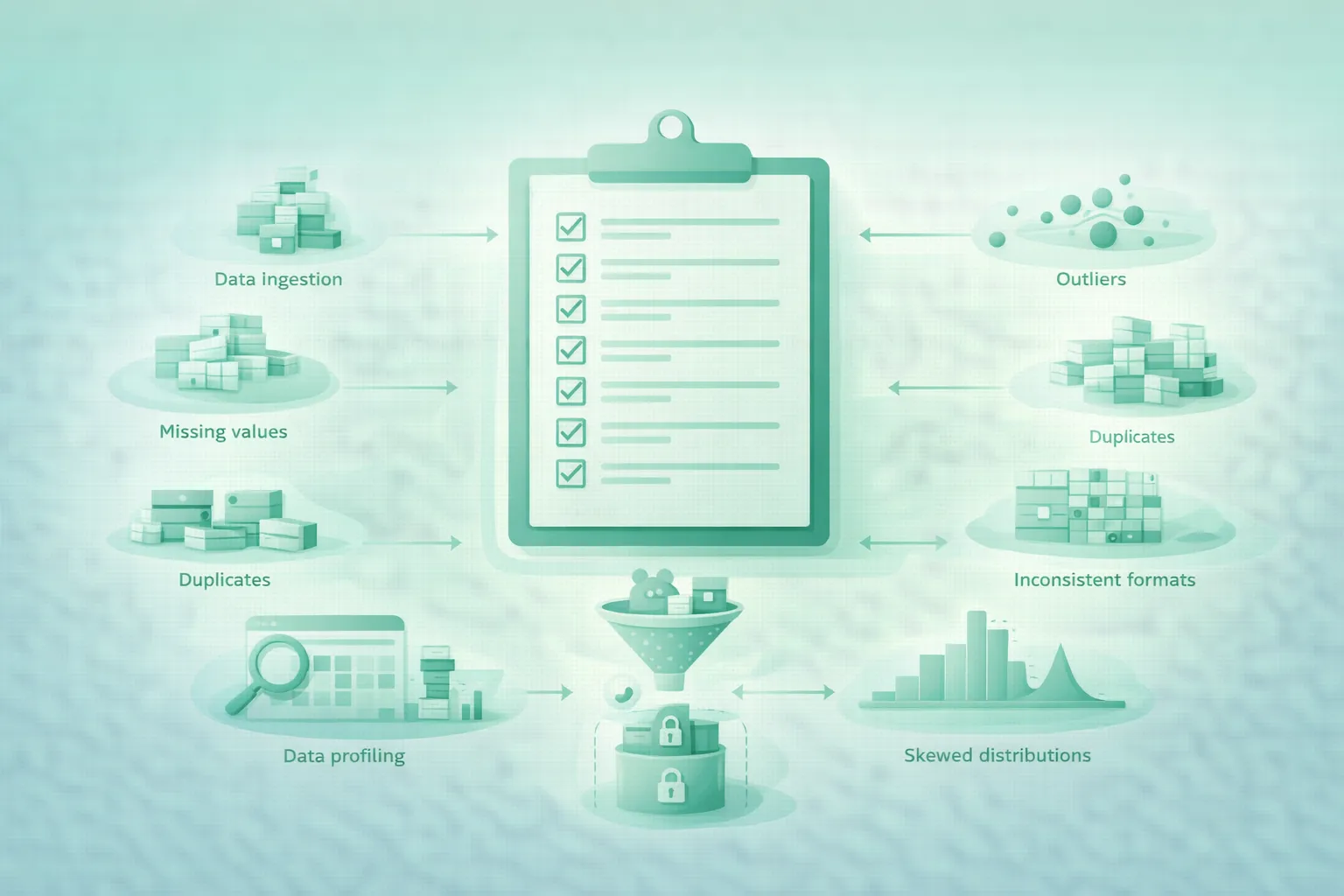 Diagram-style illustration of exploratory data analysis for a messy dataset with schema inspection, missing values, duplicates, outliers, category cleanup, distributions, relationships, validation, and documented findings