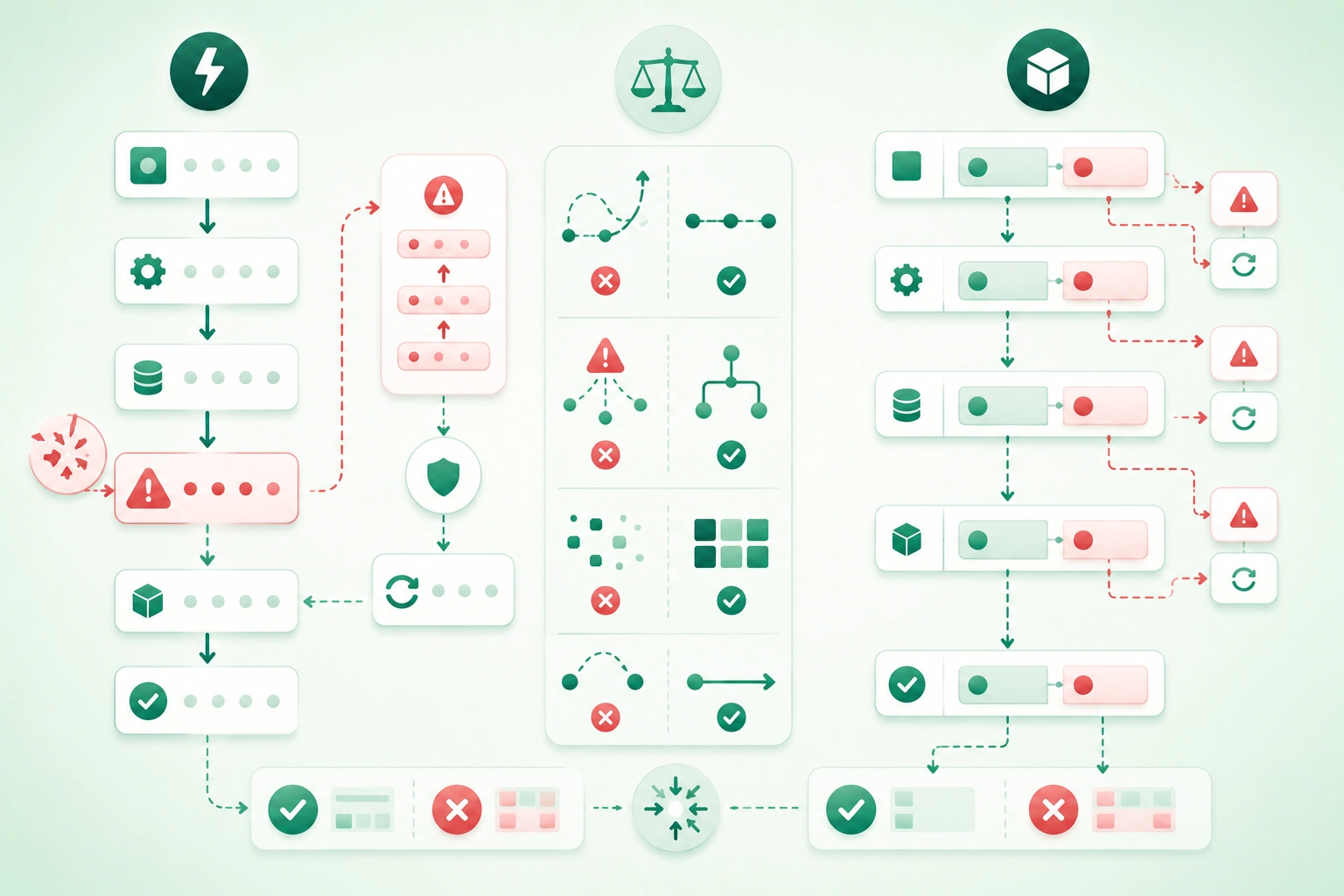 Diagram-style illustration comparing exception-based and Result-type error handling with expected domain failures, unexpected runtime failures, typed errors, propagation, retries, recovery boundaries, logging, validation, and application-layer translation