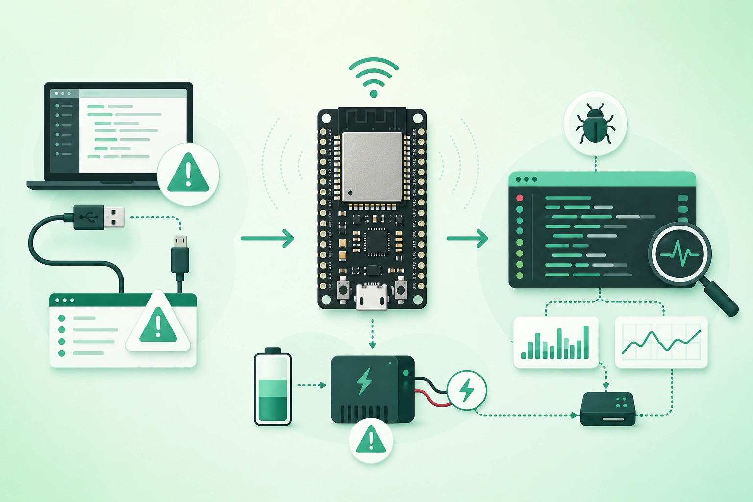 Diagram-style illustration of ESP32 troubleshooting showing development board setup, USB connection, serial monitor, boot and reset controls, power supply and decoupling, GPIO connections, Wi-Fi activity, firmware logs, brownout diagnosis, and step-by-step debugging