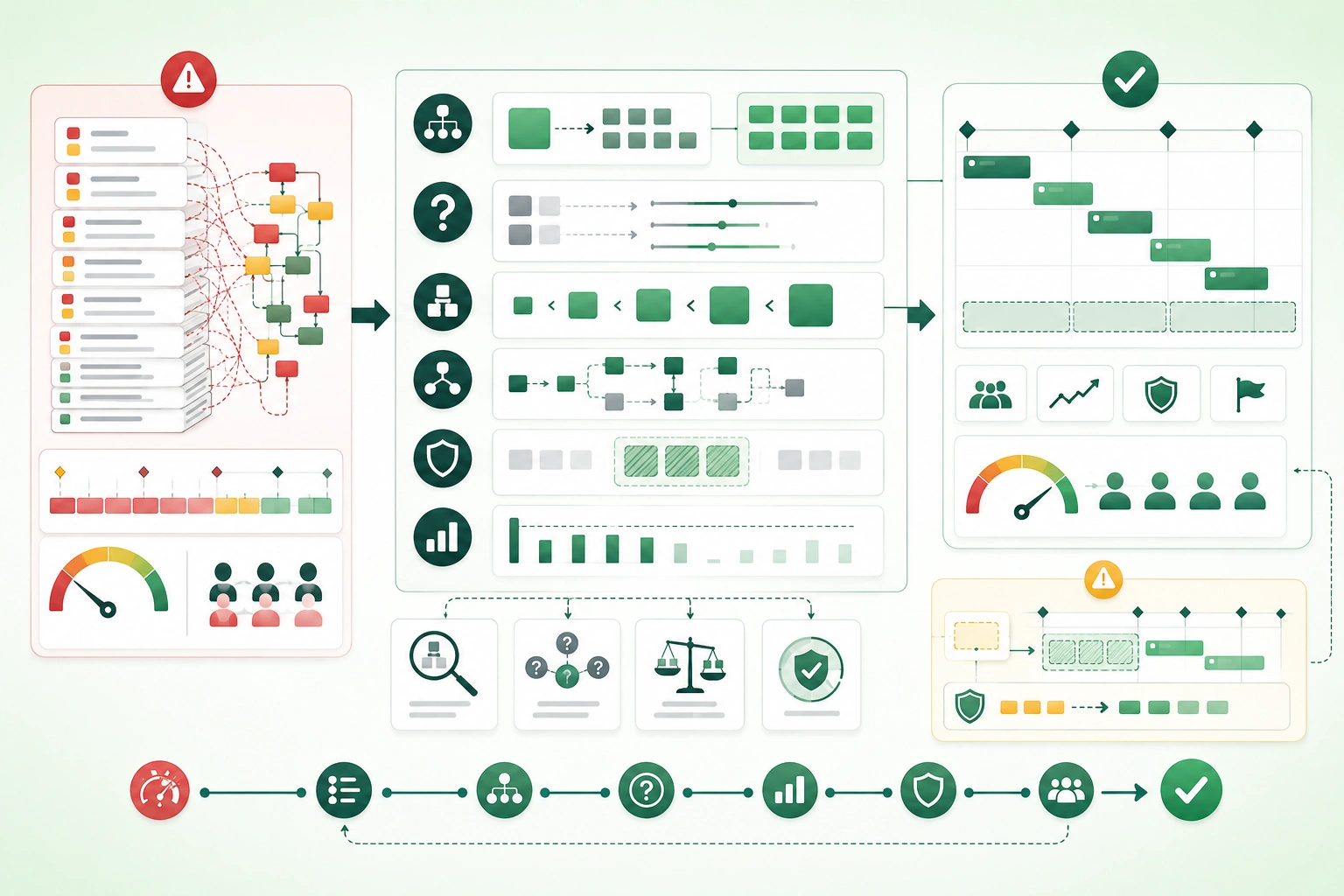 Diagram-style illustration of practical software estimation showing requirements, task breakdown, uncertainty ranges, dependencies, historical delivery data, confidence levels, team capacity, buffers, commitment, execution, and estimate updates