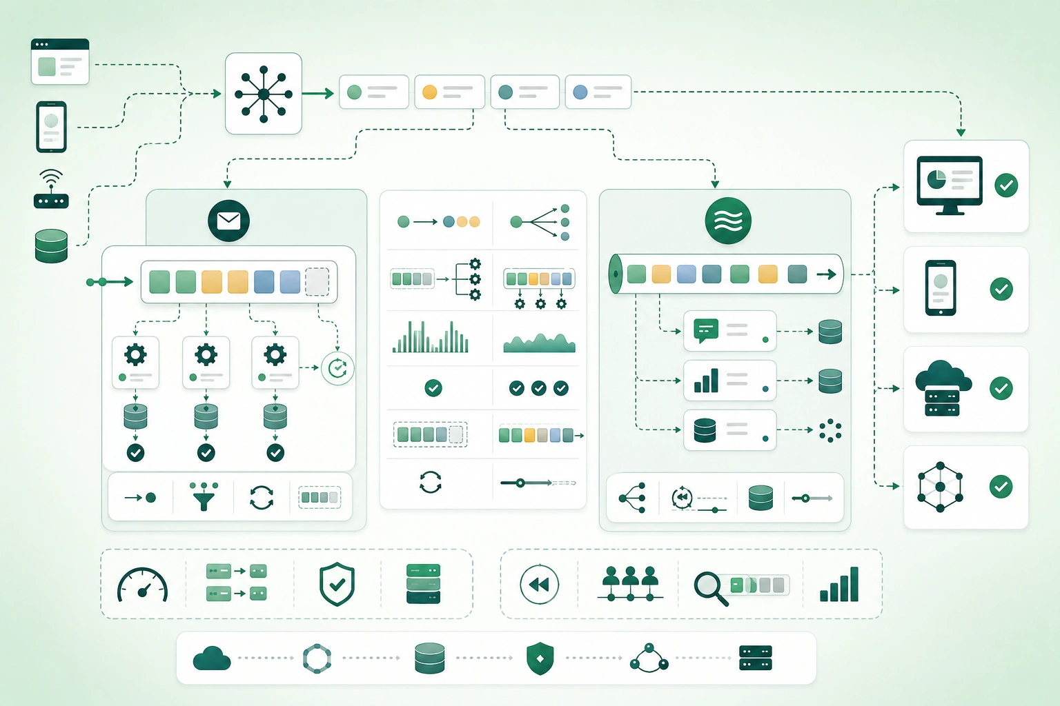 Diagram-style illustration of event-driven architecture showing producers, message queues, event streams, consumer groups, workers, replay, retries, dead-letter queues, partitions, offsets, ordering, and asynchronous processing