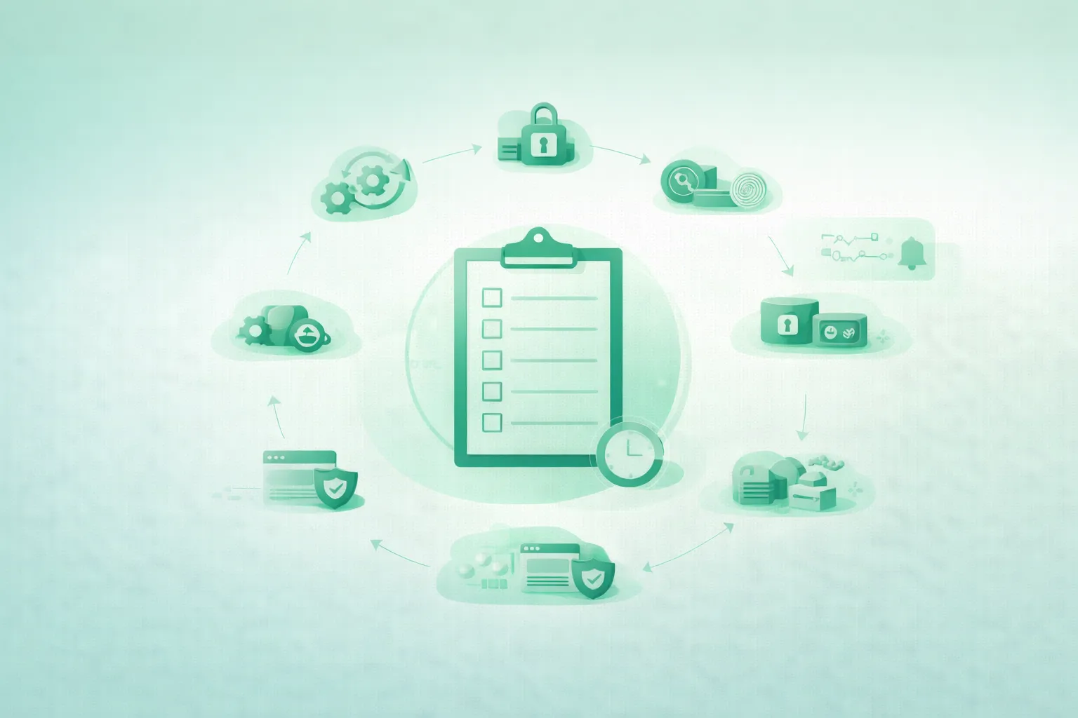 Diagram-style illustration of a new laptop protected by operating-system updates, full-disk encryption, strong authentication, firewall and malware defenses, secure browser settings, backups, and device-recovery controls