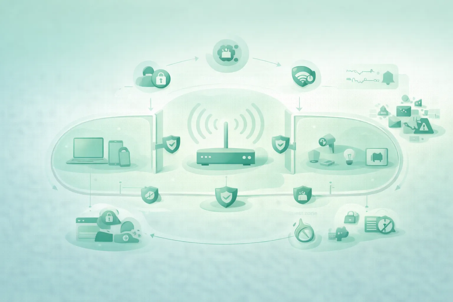 Diagram-style illustration of a secure home Wi-Fi network for remote work with a protected router, WPA3 encryption, work devices, isolated guest and IoT networks, firewall controls, secure administration, VPN access, and automatic updates