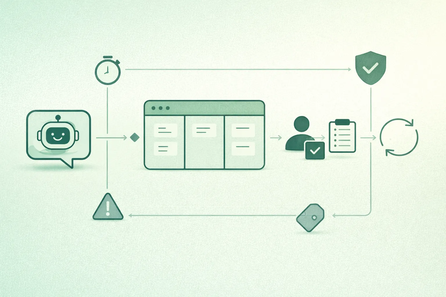 Diagram-style illustration of a human-in-the-loop review queue: AI output routing, triage, reviewer decisions, escalation, and feedback loops