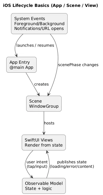 iOS app lifecycle overview for beginners: App and Scene lifecycle, view rendering, state updates, background/foreground transitions