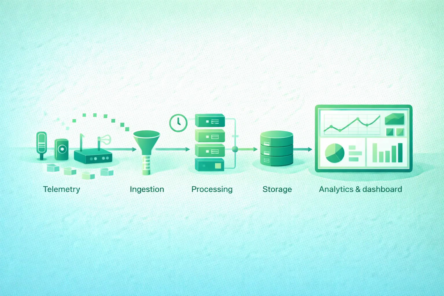 Diagram-style illustration of an IoT data pipeline showing sensors and gateways sending telemetry through MQTT or HTTPS ingestion, validation and normalization, stream processing, time-series storage, alerting, APIs, dashboards, historical analytics, monitoring, and dead-letter handling