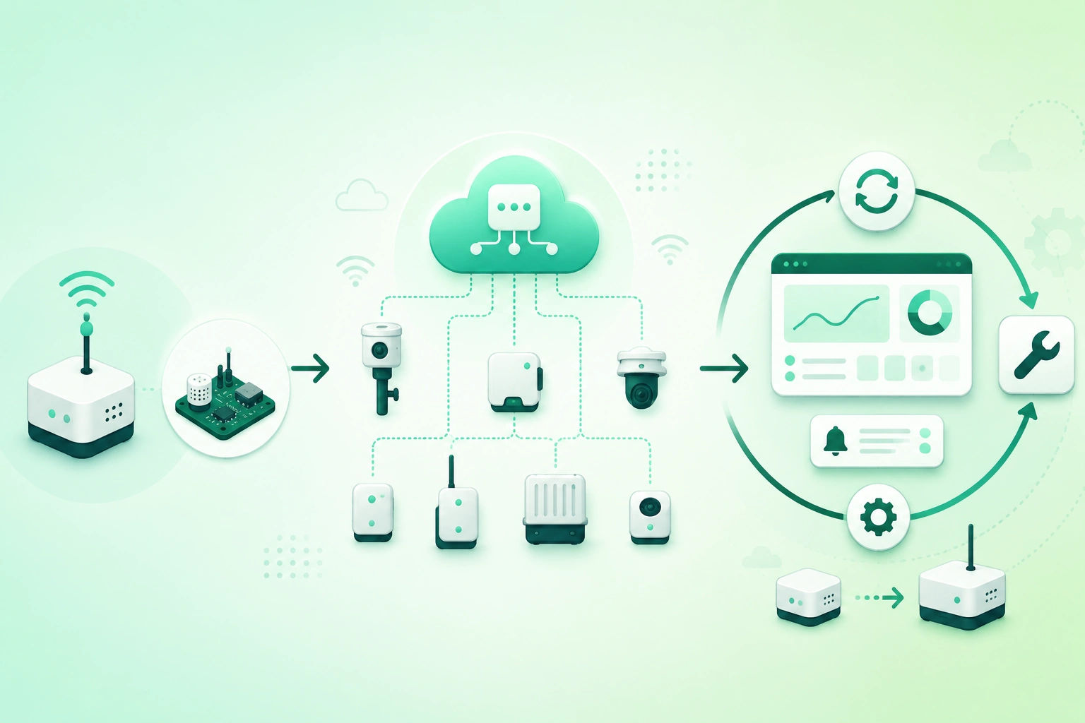 Diagram-style illustration of an IoT product lifecycle showing prototype hardware, engineering validation, manufacturing, secure provisioning, production fleet deployment, cloud scaling, OTA updates, monitoring, maintenance, replacement, ownership transfer, and secure device decommissioning
