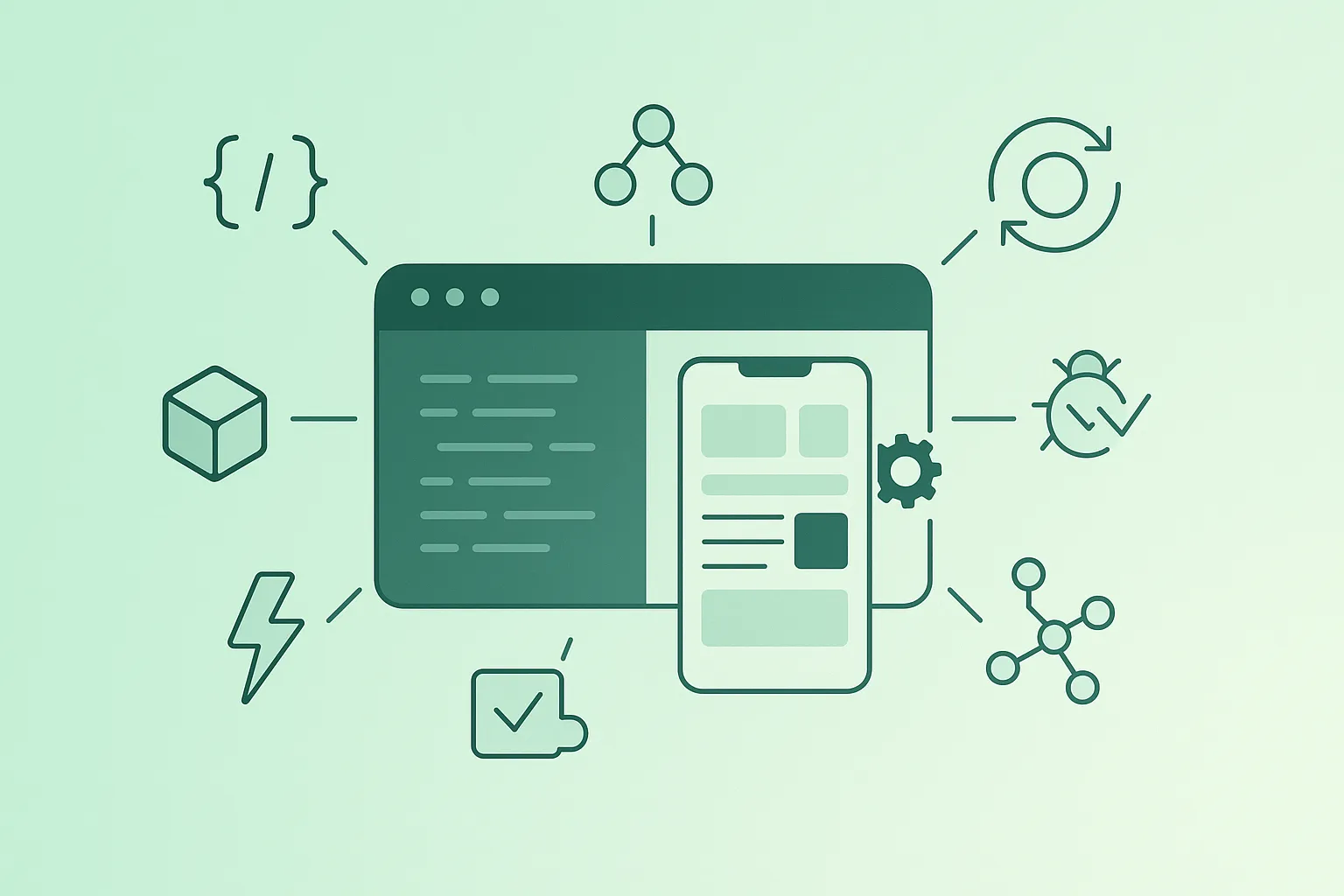 Diagram-style illustration of JavaScript basics: variables, functions, arrays, objects, DOM events, and async programming