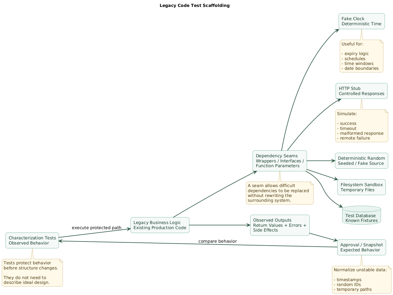 Legacy code test scaffolding architecture showing legacy business logic surrounded by characterization tests, database fixture, fake clock, deterministic random source, HTTP stub, filesystem sandbox, dependency wrappers, approval outputs, and regression assertions