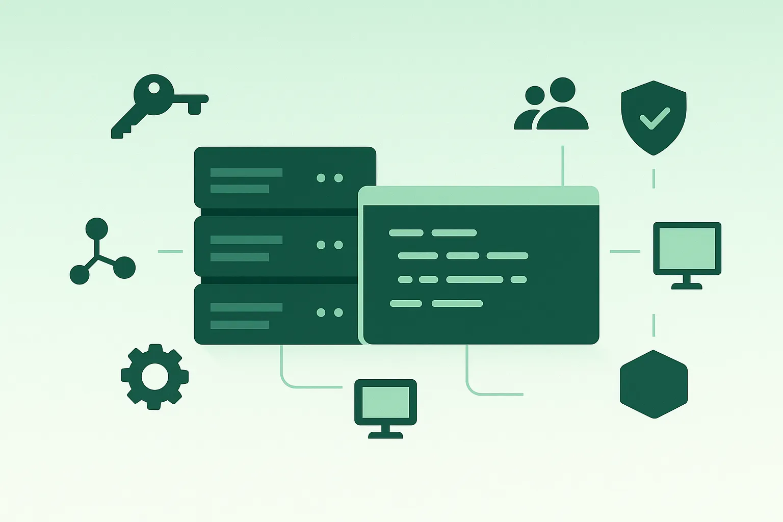 Diagram-style illustration of Linux server administration: SSH, users, systemd services, logs, firewall, backups, and monitoring
