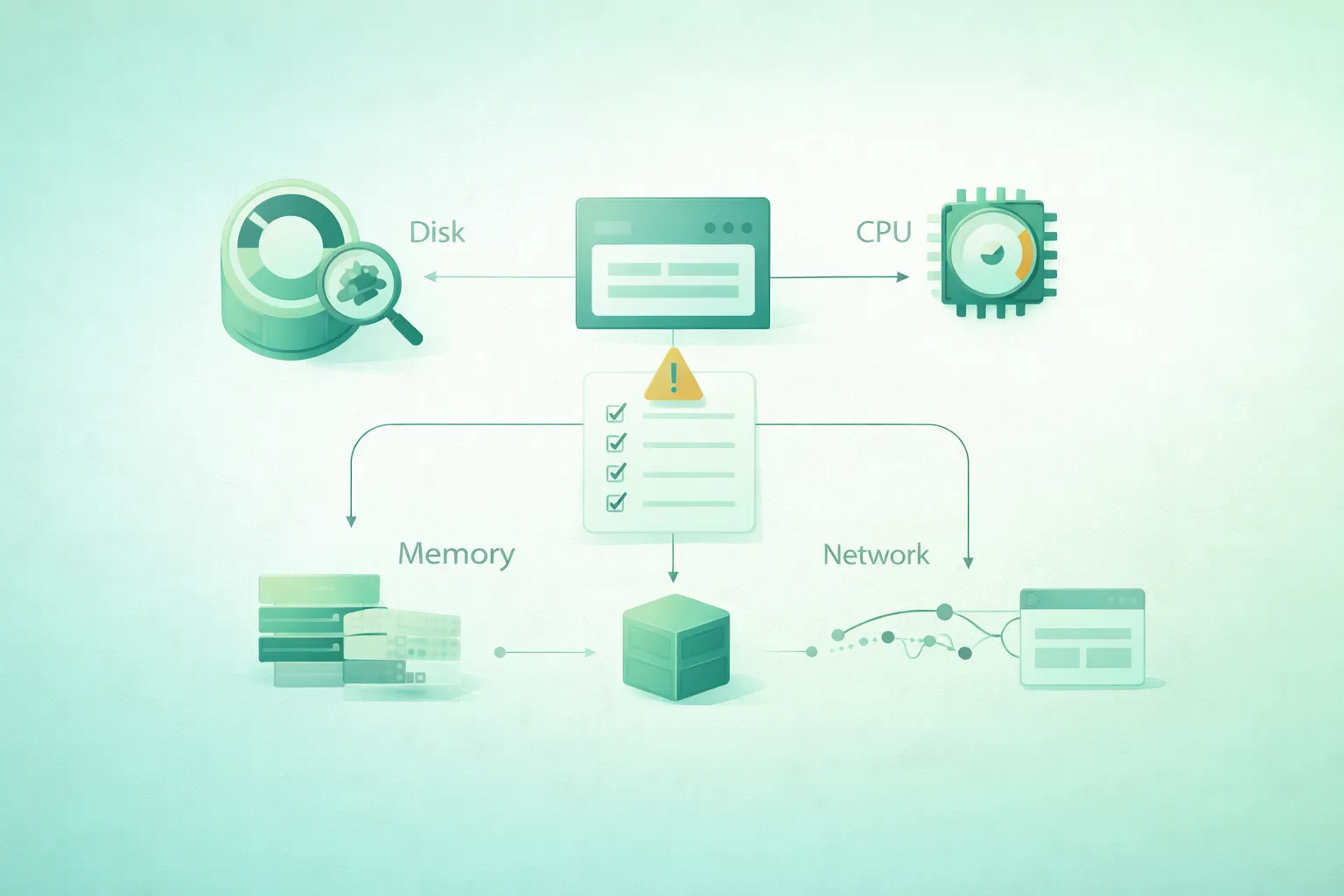Diagram-style illustration of Linux server troubleshooting showing disk space, CPU load, memory and swap pressure, network connectivity, listening sockets, system logs, process inspection, and a structured incident diagnosis workflow