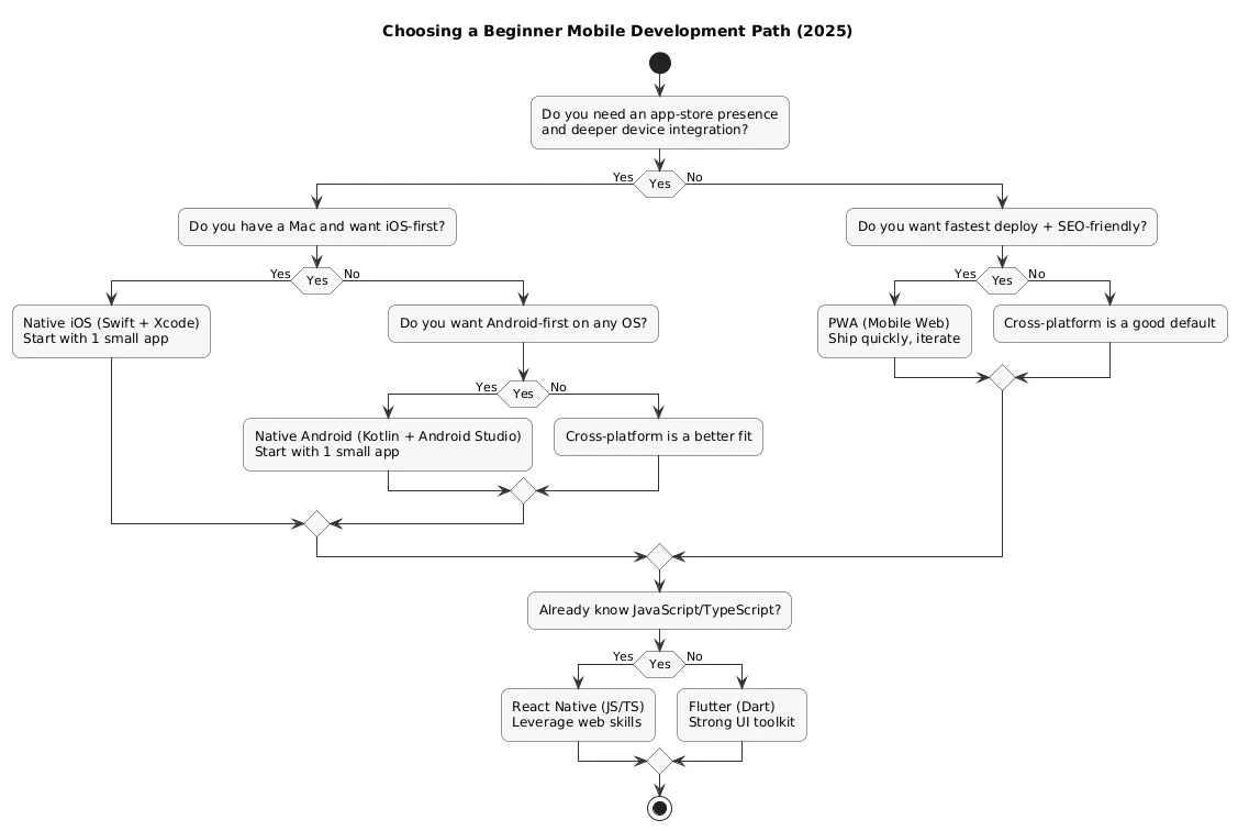 Decision flow for choosing a beginner mobile app development stack (native Android/iOS vs Flutter vs React Native vs PWA)