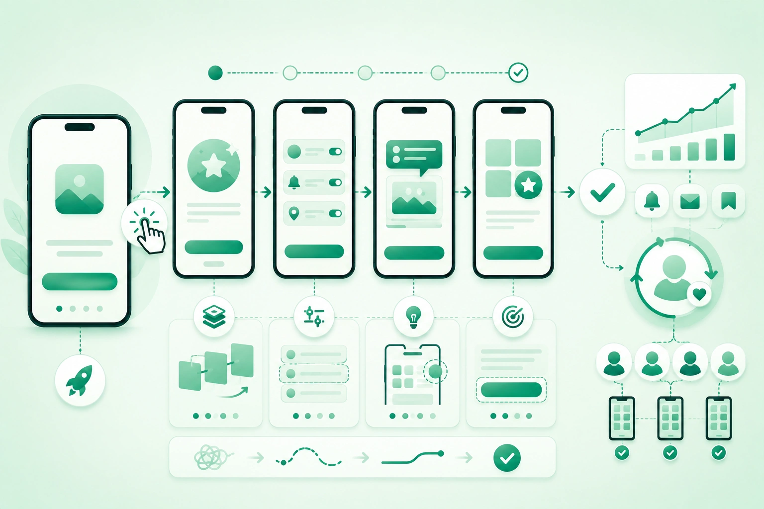 Diagram-style illustration of mobile app onboarding showing install, first launch, value discovery, account creation, personalization, permission prompts, first successful action, activation, onboarding checklist, lifecycle messaging, analytics, experimentation, and retention
