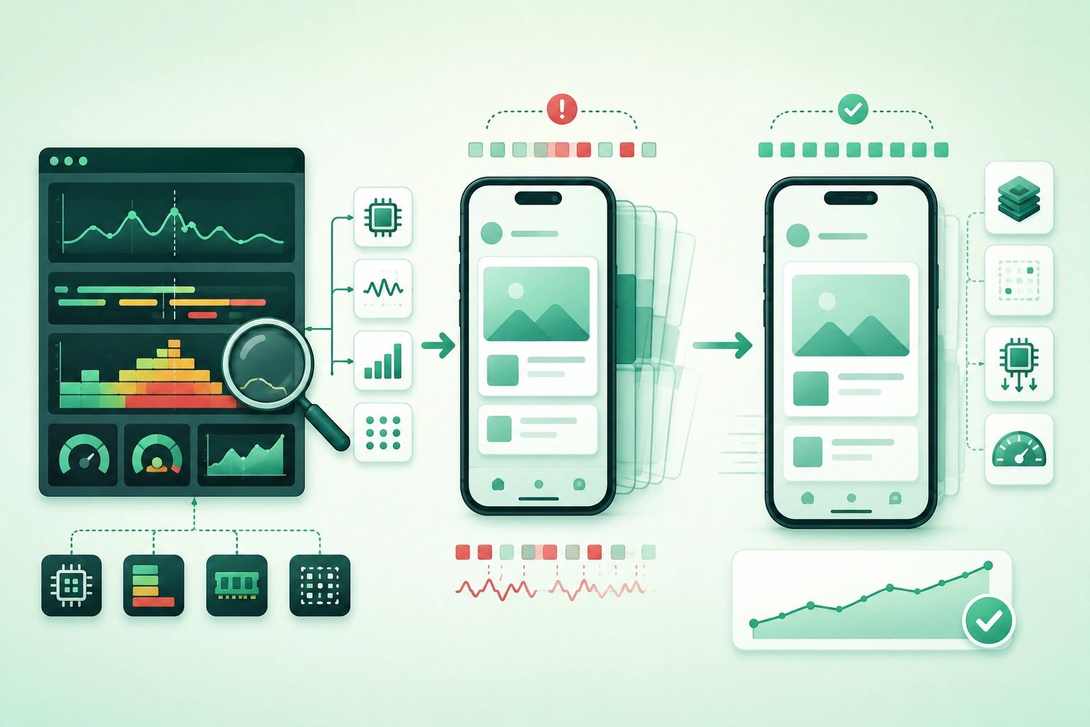 Diagram-style illustration of mobile UI performance profiling showing frame deadlines, CPU work, layout and rendering, GPU composition, dropped frames, Android and iOS profiling tools, trace timelines, memory pressure, background work, and a measure-fix-measure workflow