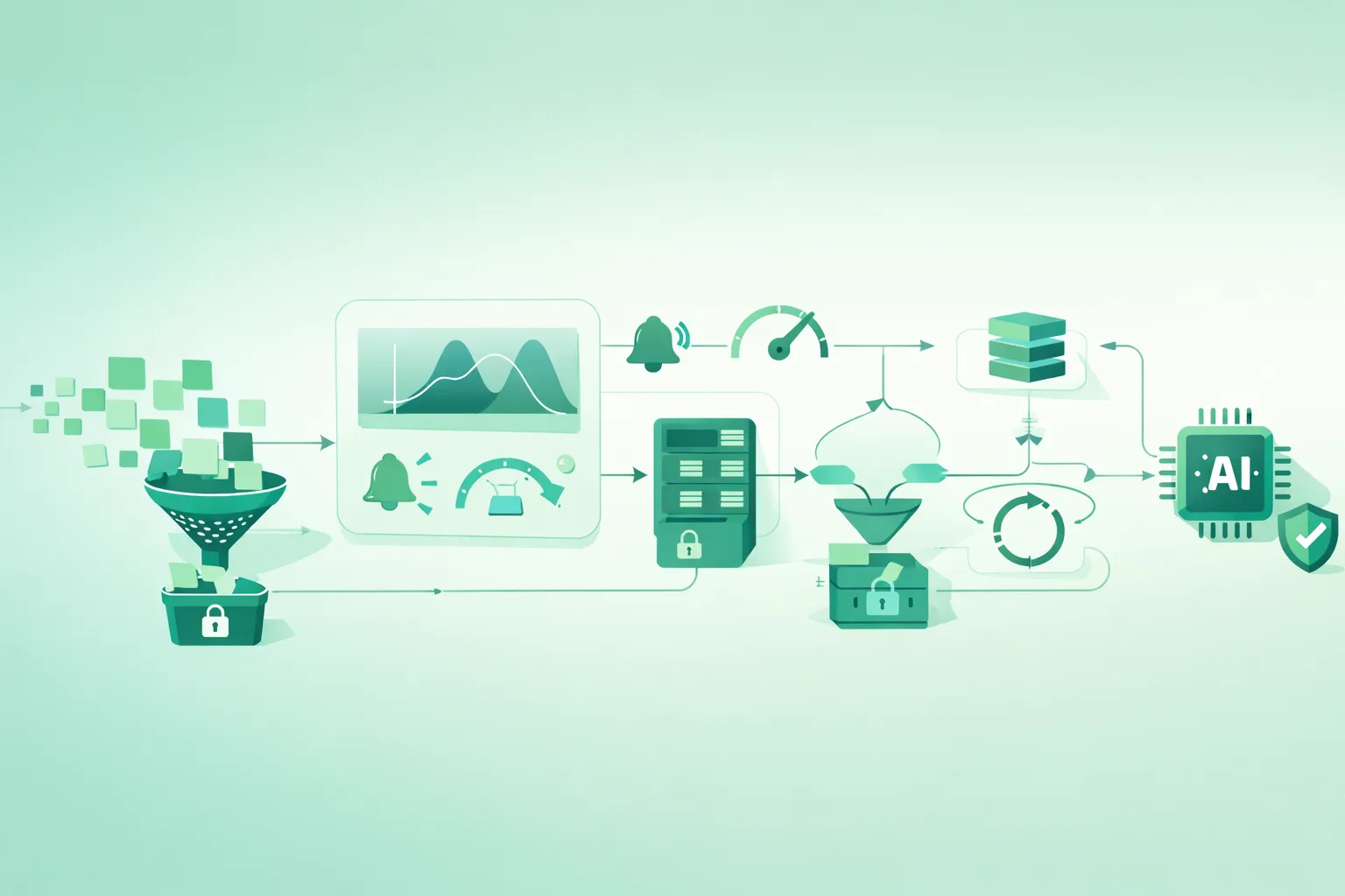 Diagram showing model drift monitoring in production: baseline distributions, drift metrics, alerting, investigation, and retraining/rollback