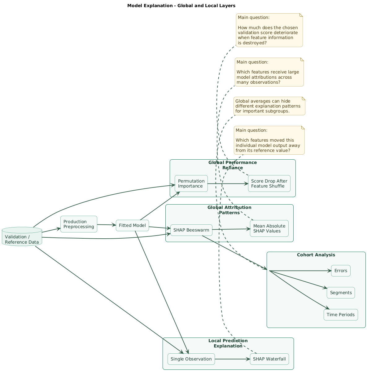 Machine-learning model explanation diagram showing a fitted model connected to global validation permutation importance, global SHAP summaries, cohort-level SHAP analysis, and individual local SHAP waterfall explanations, with separate questions for model reliance and prediction attribution