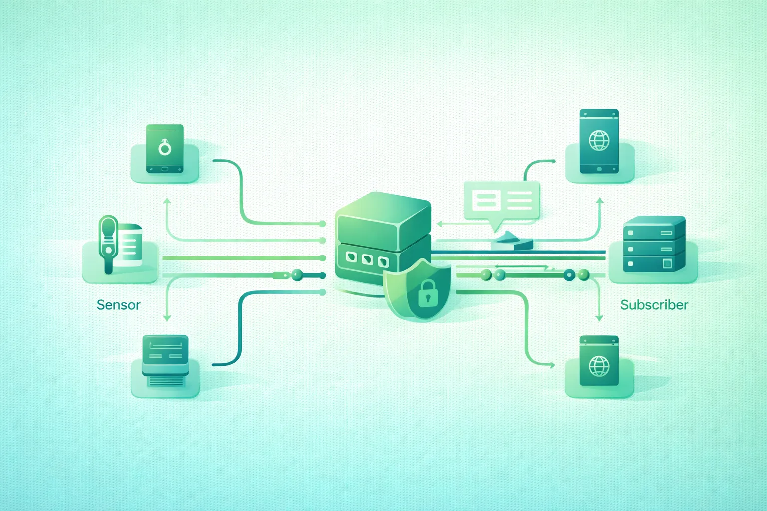 Diagram-style illustration of MQTT showing IoT publishers sending messages through a broker to topic-based subscribers, QoS 0 1 and 2 delivery paths, retained state, Last Will messages, TLS connections, client authentication, topic authorization, and monitoring