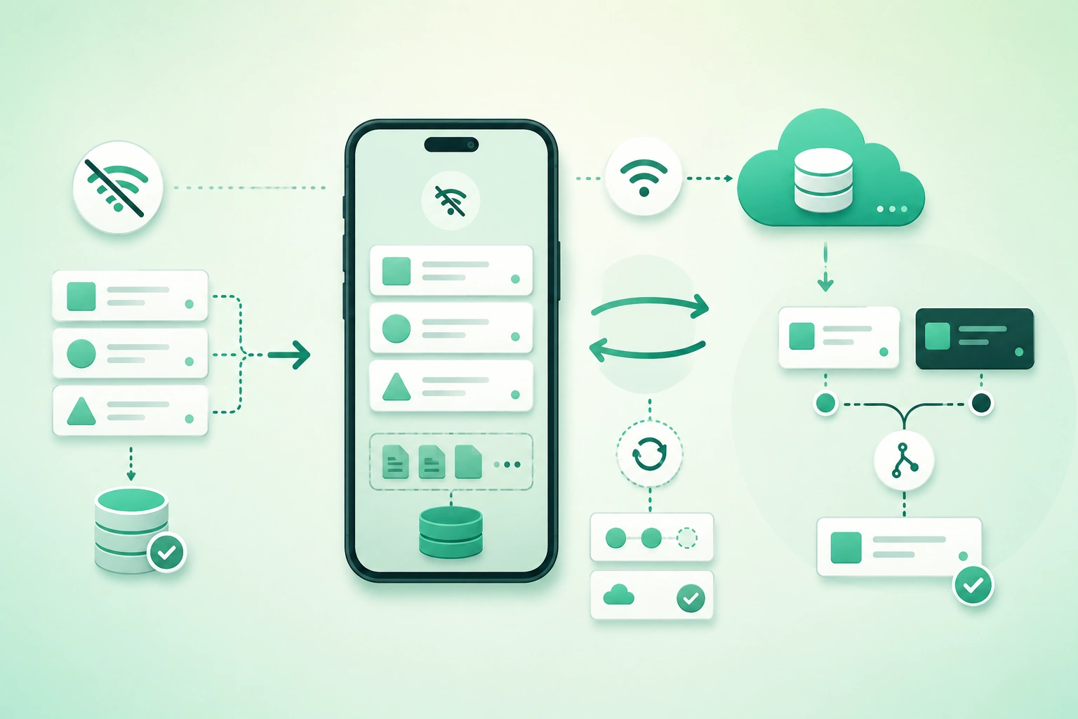 Diagram-style illustration of an offline-first mobile application showing a local database, user edits, outbox queue, sync engine, intermittent network connection, server API, conflict detection, version comparison, merge strategies, retry handling, tombstones, and synchronized state