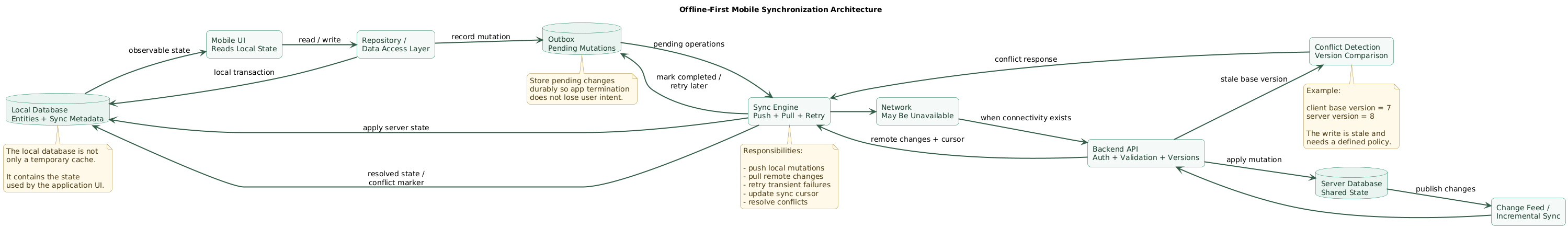 Offline-first mobile synchronization architecture showing user interface, repository, local database, pending mutation outbox, sync engine, network connection, backend API, server database, change feed, conflict detection, retries and synchronized local state