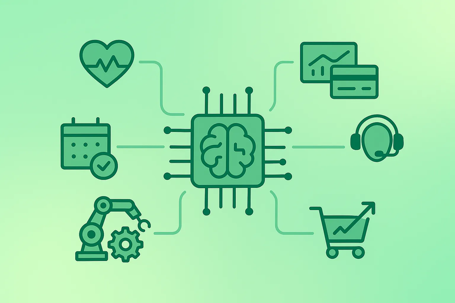 Illustration showing practical AI use cases for work: writing, analysis, support, and automation
