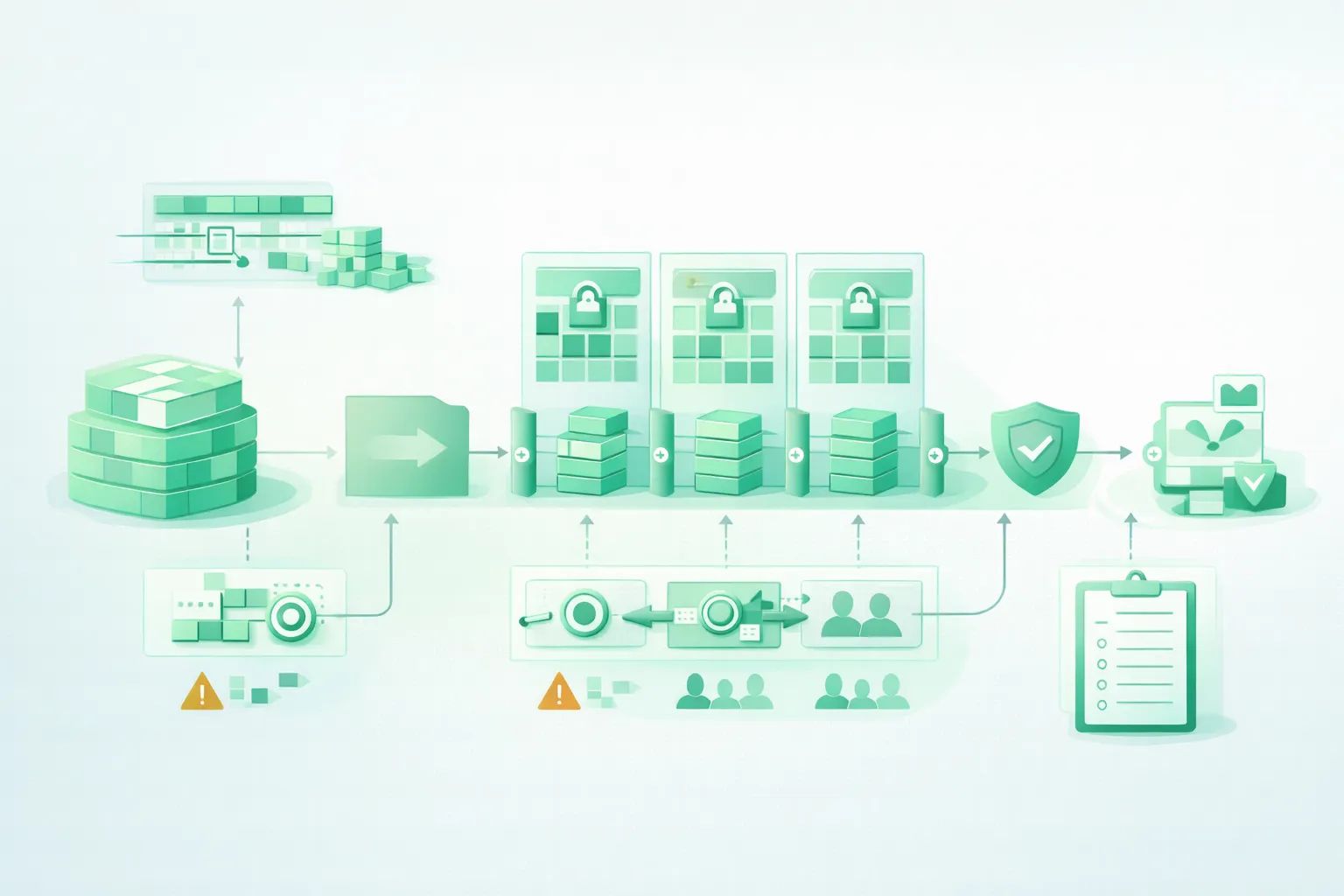 Diagram-style illustration of machine-learning data leakage showing train, validation, and test boundaries, preprocessing pipelines, grouped and temporal splits, forbidden information flow, and trustworthy model evaluation
