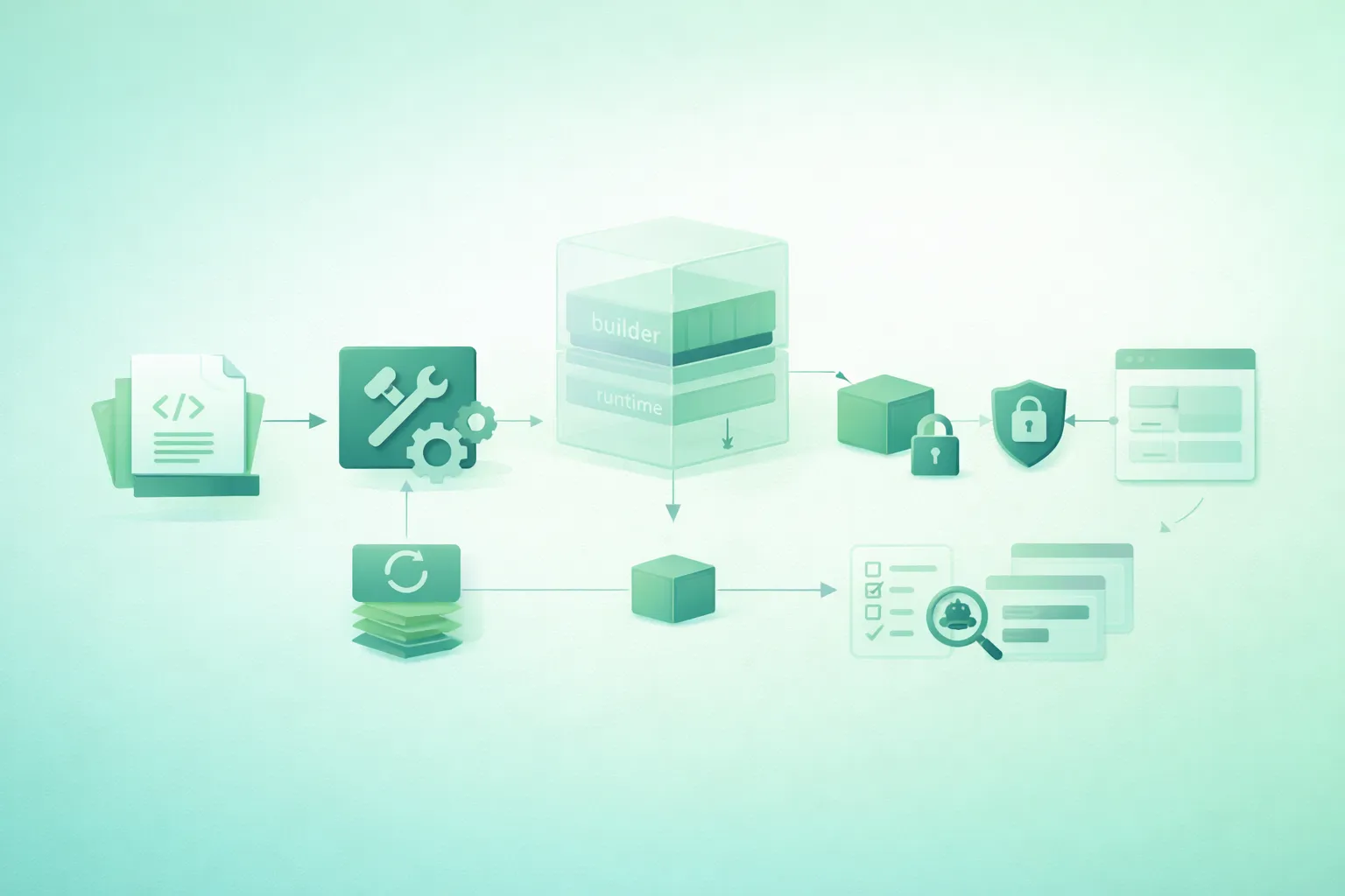 Diagram-style illustration of a production-ready Dockerfile showing multi-stage builds, dependency caching, a minimal runtime image, non-root execution, secrets, health checks, immutable image deployment, and container security boundaries