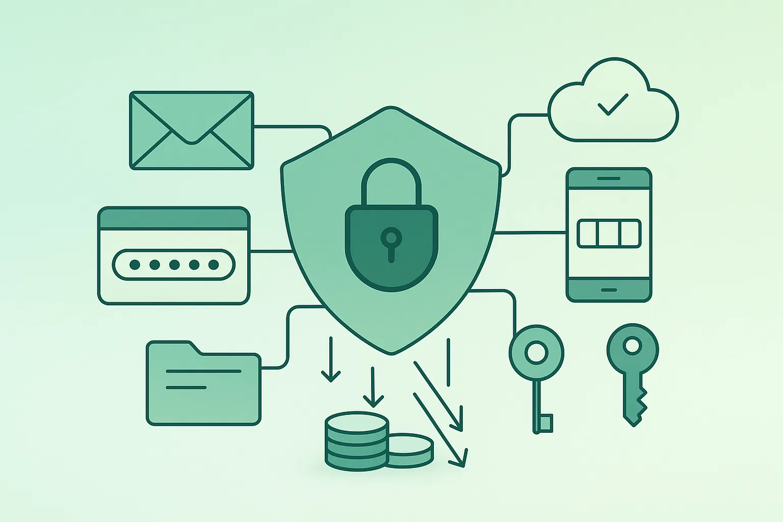 Illustration of secure online accounts with passwords, passkeys, MFA, and phishing protection