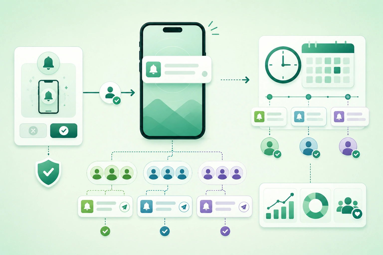 Diagram-style illustration of a mobile push notification system showing user opt-in, notification preferences, device token registration, audience segmentation, timing rules, quiet hours, frequency caps, APNs and FCM delivery, deep links, analytics, and opt-out handling