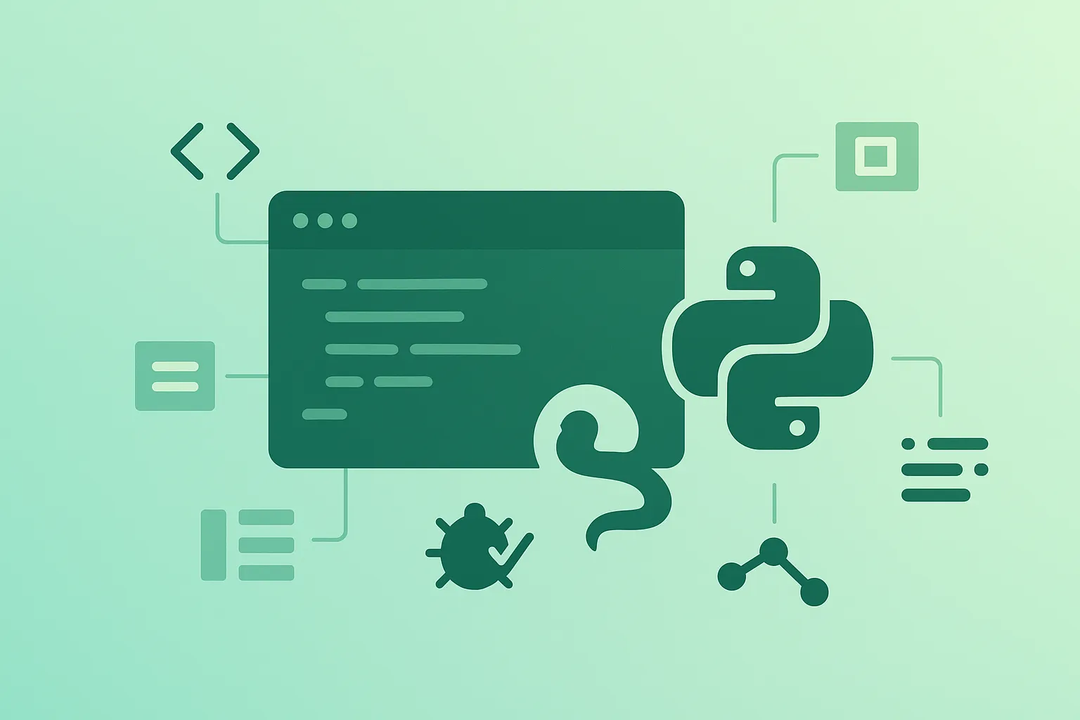 Diagram-style illustration of Python basics: syntax, data structures, functions, files, exceptions, and virtual environments