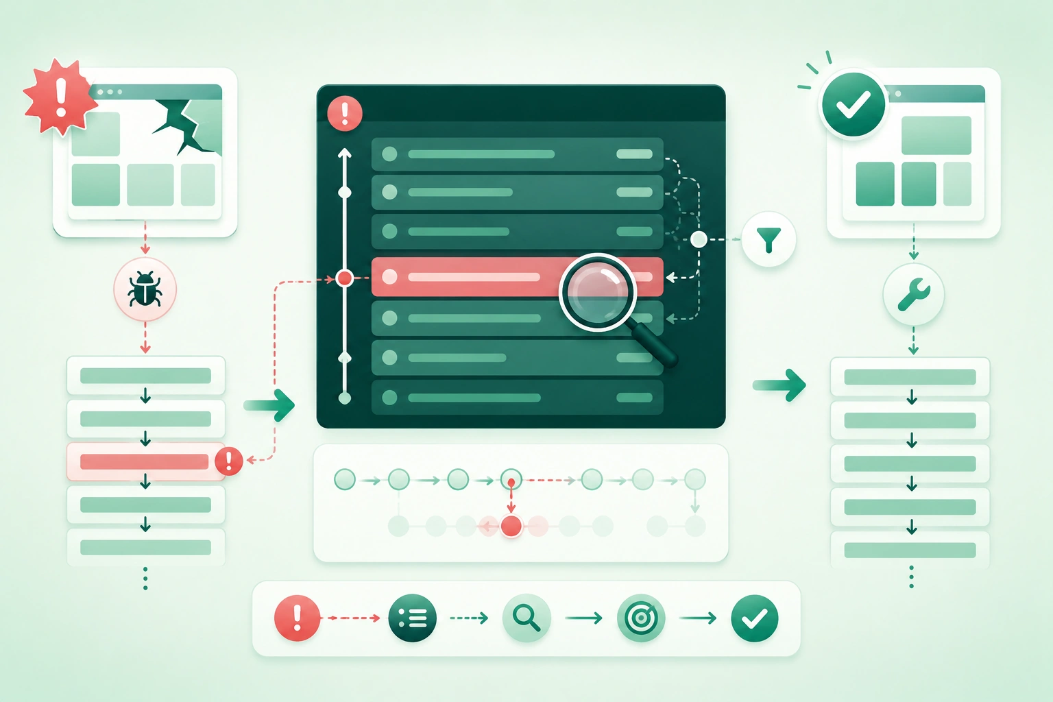 Diagram-style illustration of a stack trace showing an exception message, nested function calls, source files, line numbers, application and library frames, async boundaries, root-cause analysis, and a systematic debugging workflow